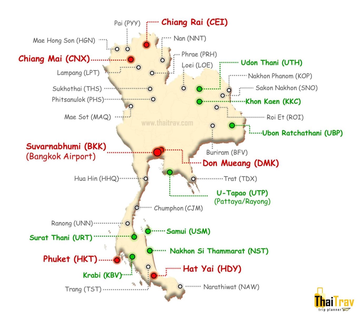 Mapa de aeropuertos en Tailandi